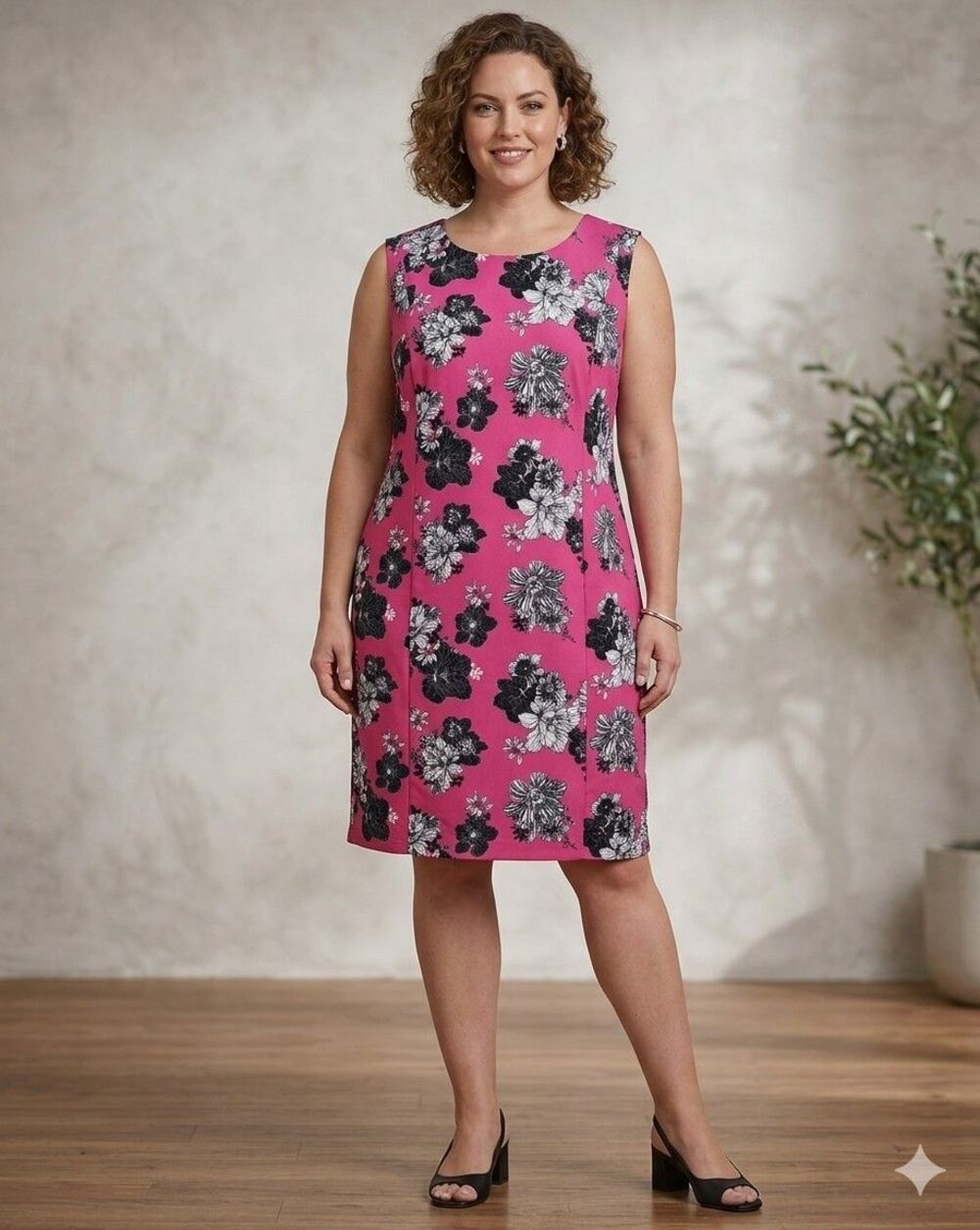 Jessica London Dress Plus 28W Pink Black Floral ALine Sleeveless Lined Back Zip